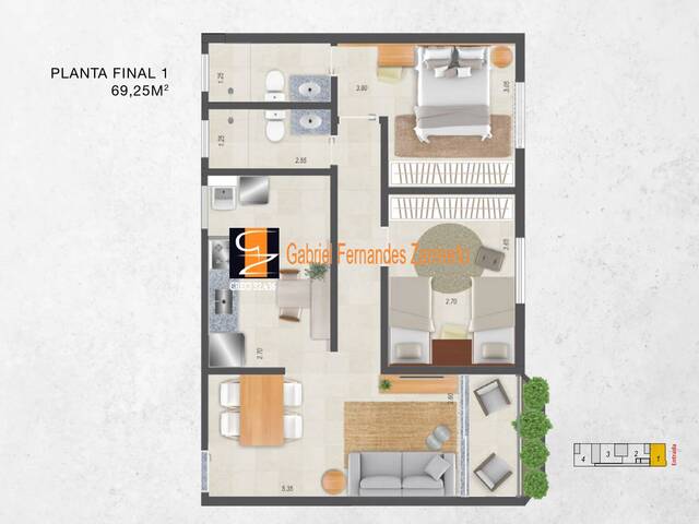Planta 70m² com sacada